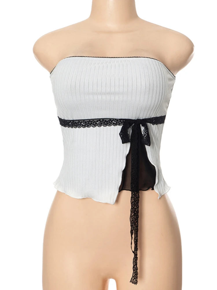 Taruxy Splice Mesh Slim Crop Tops for Sleeveless Off Shoulder Backless Top Bow Bandage Short Tees Femme
