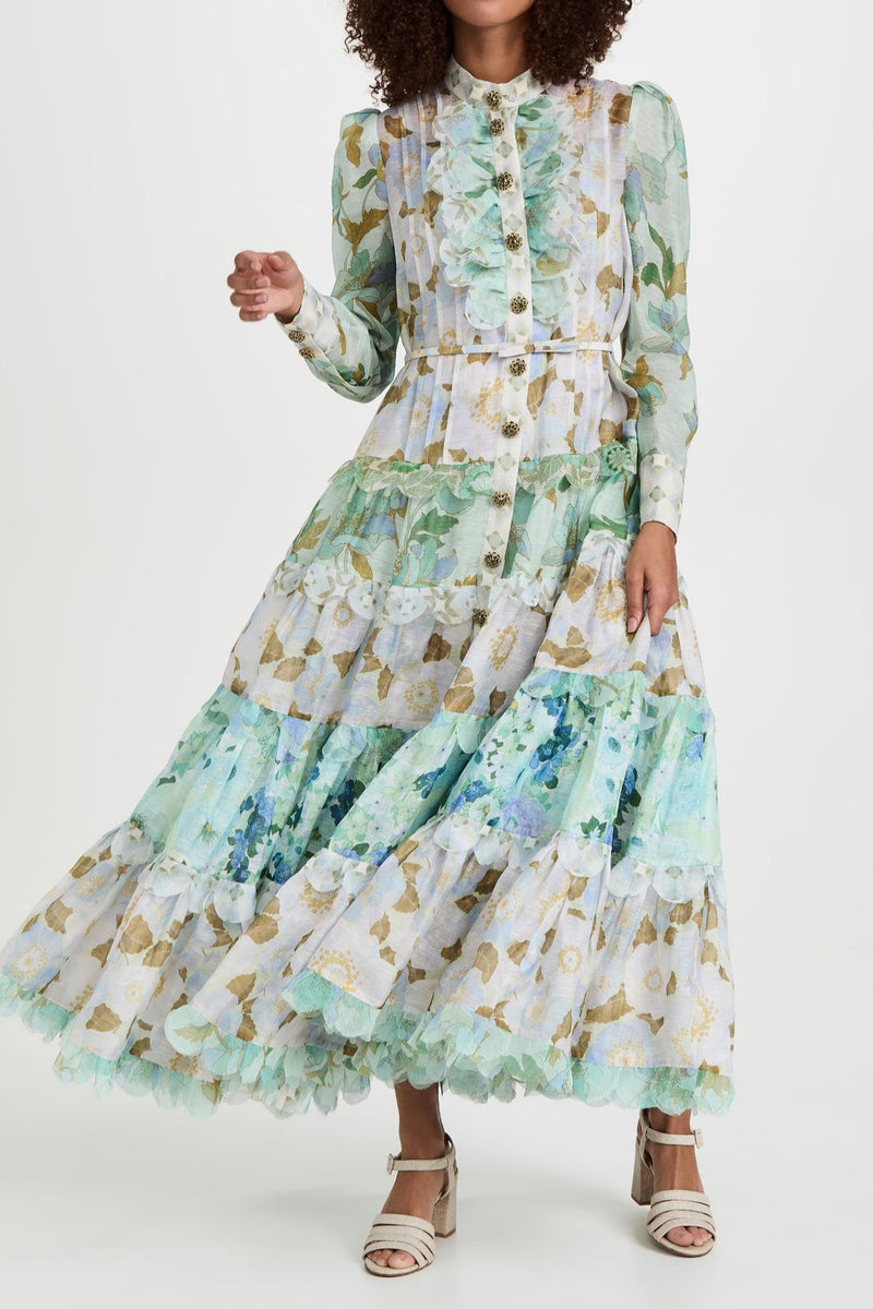 Printed Long Puff Sleeve Turtleneck Tiered Ruffle Hem Midi Dress