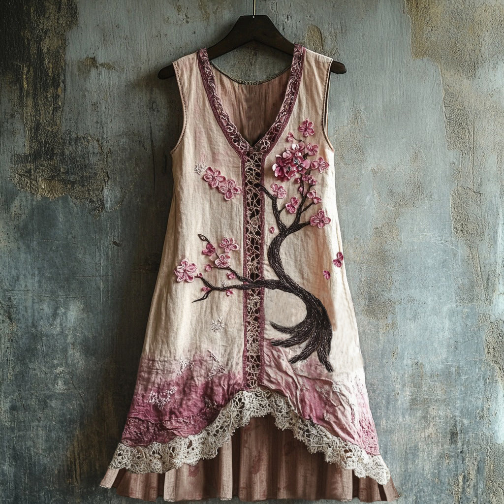 Women's Cherry Blossom Embroidery Lace Patchwork Art Linen Tank Dress artswardrobe
