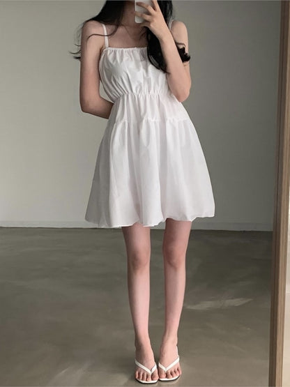 Simple Midi Dress Summer New Chiffon Spaghetti Strap Holiday Beach Style Loose Korean Female Vestidos
