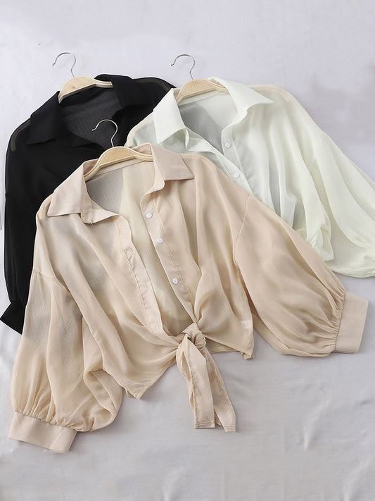 Chiffon Shirts Summer Half Sleeve Buttoned Up Shirt Loose Blouse Tied Waist Blouses for
