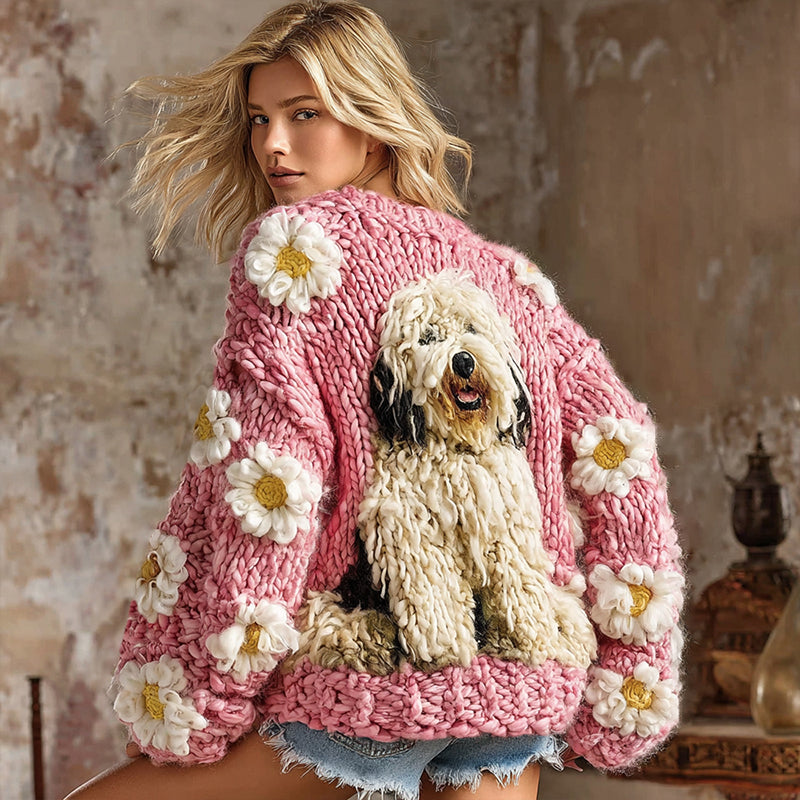 Vintage Fluffy Cute Dogs With Daisy Floral Art Inspired Embroidered Cozy Knit Sweater Cardigan artswardrobe