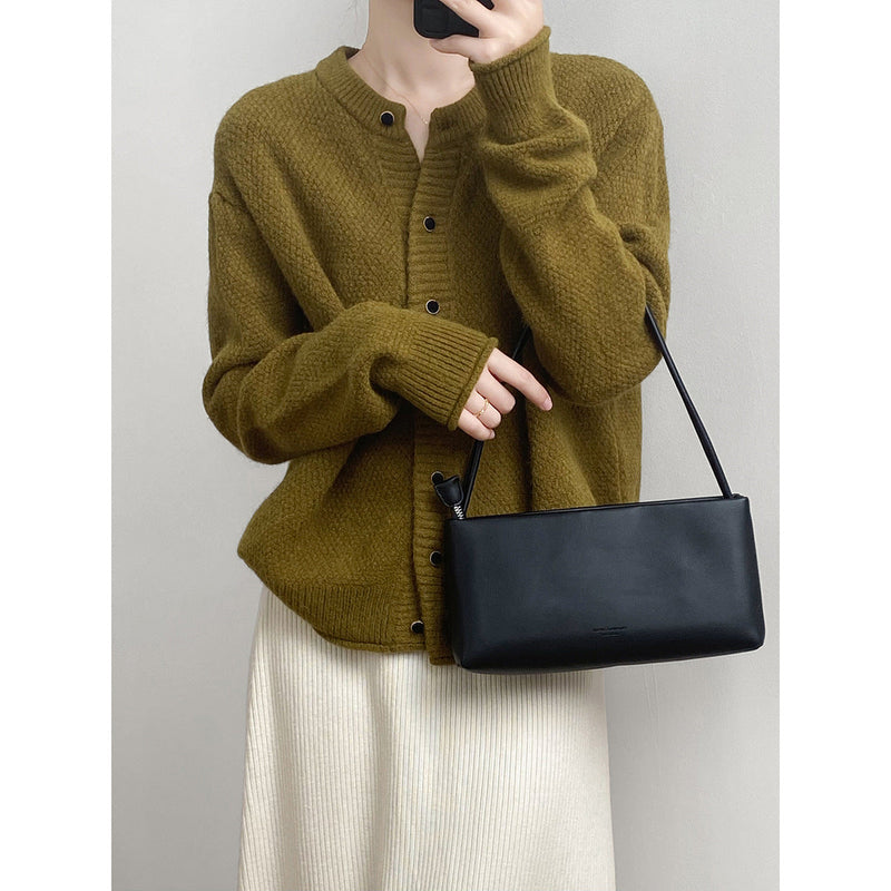 Lazy Round Neck Knitted Sweater for Autumn Minimalist Long Sleeve Loose Cardigan Coat