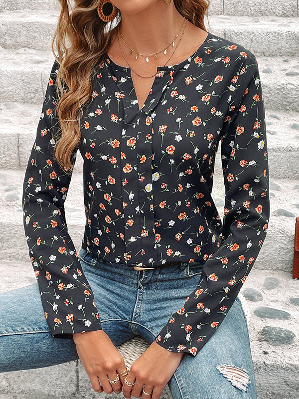 Long Sleeves Loose Flower Print Round-neck Blouses&shirts Tops