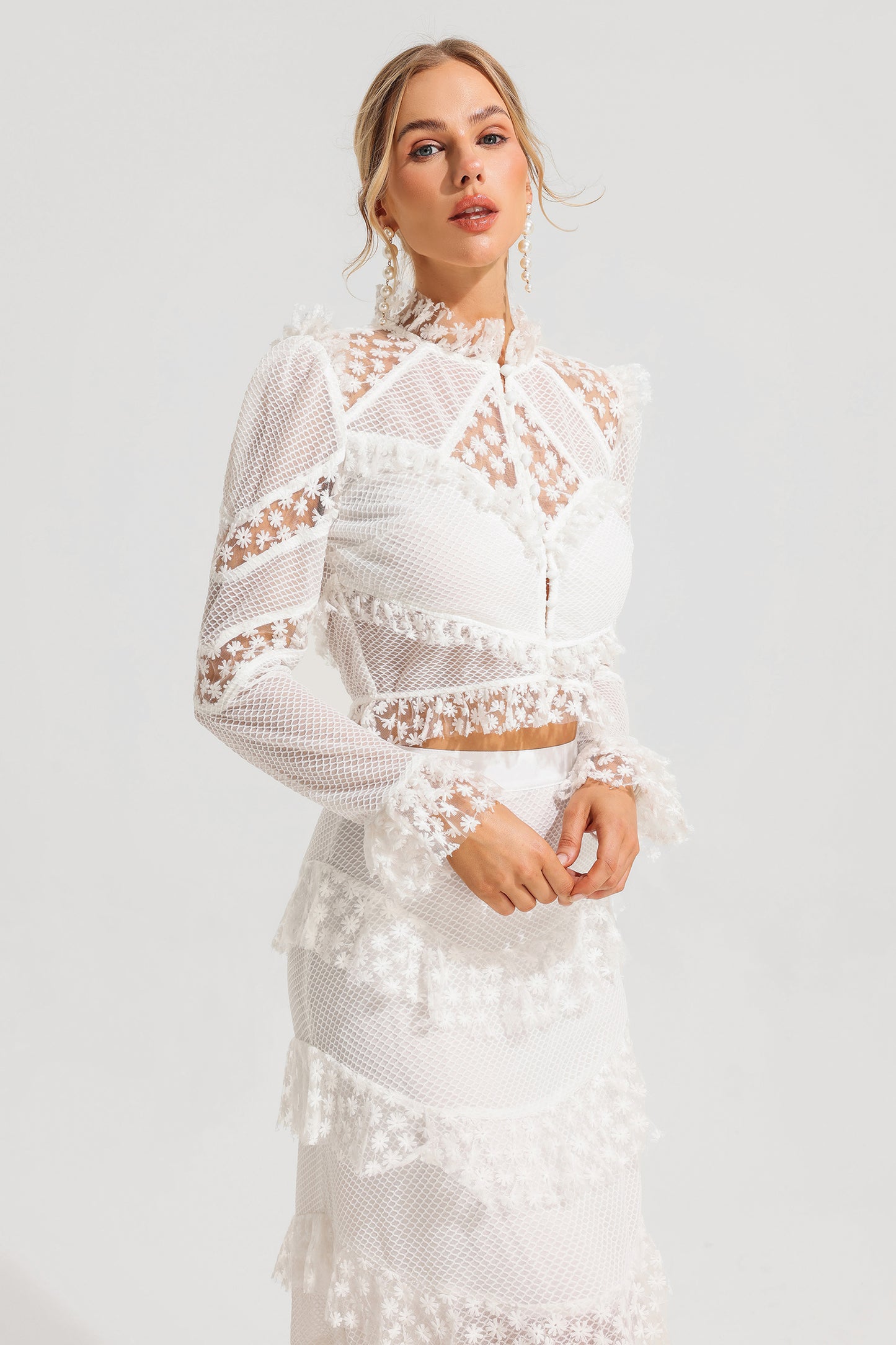 Embroidered Ball Sleeve Top ?embroidered Ruffle Mid Waist Maxi Skirt Set