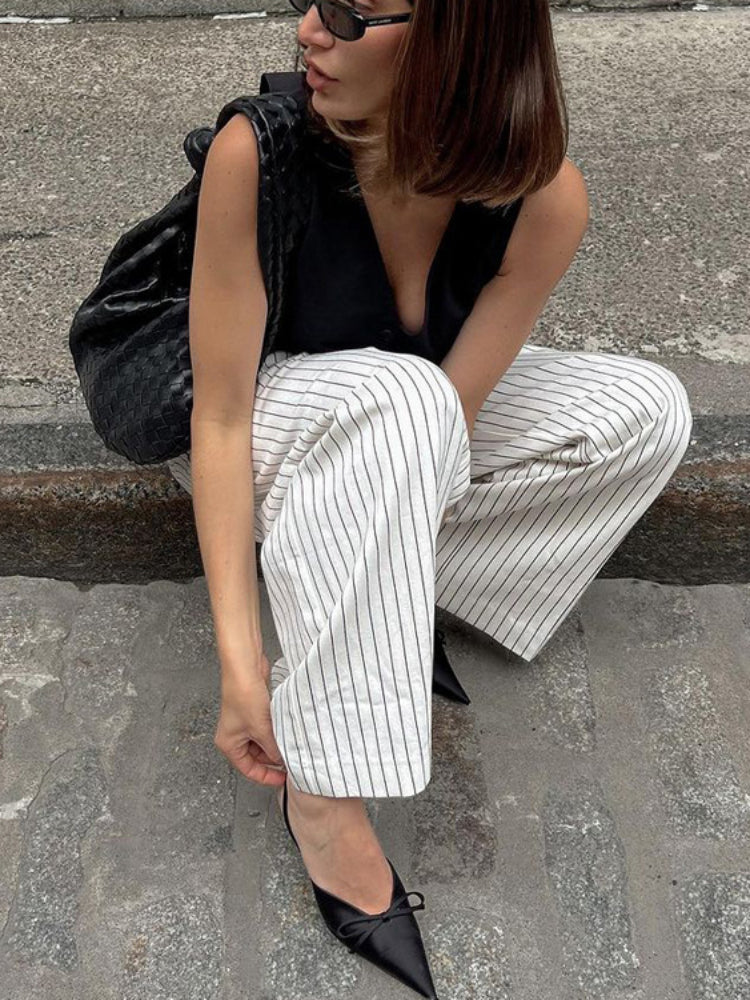 Tossy ’s Black White Stripe Wide Leg Pants New High Waist Zipper Loose Work Business Pants With Pockets