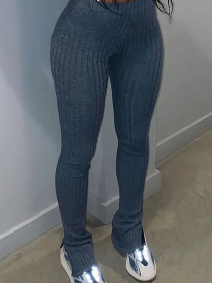 High Waist Skinny Stretchy Pants Color Elastic Waist Pants Side Split Trousers Sporty Daily Bottoms