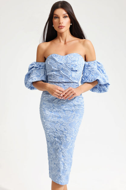 Puff Sleeve Slim Midi Dress Blue