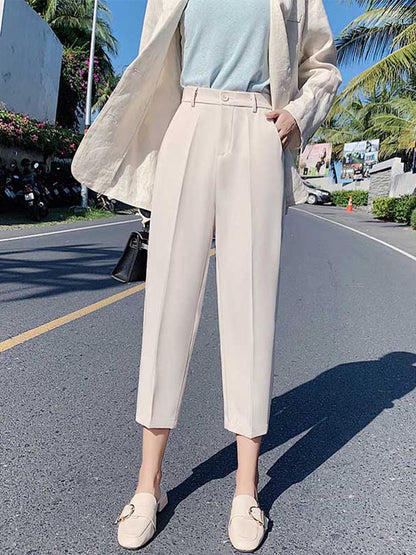 Suit Pants Woman High Waist Pants Office Lady Harem Pants Trousers Black Beige Korean Capris