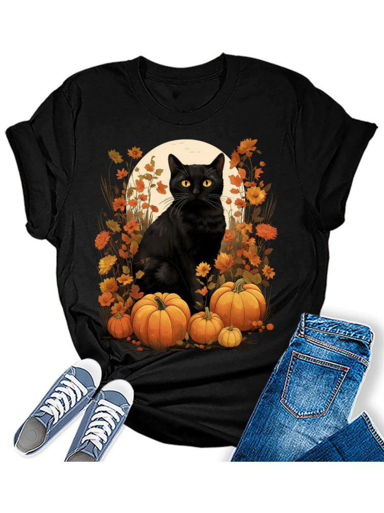 Womens Fall Black Cat Halloween Pumpkins T-Shirt artswardrobe