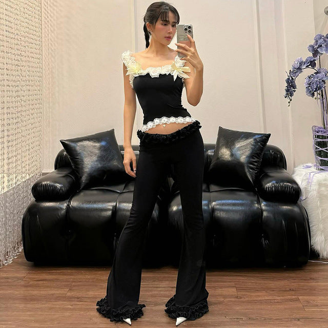 Taruxy Ruffled Lace High Elasticity Trousers for New Slim Fit Low-waist Navel-baring Summer Hot Girl Patchwork Pants
