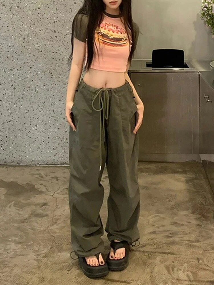 Cargo Pants Summer Retro Loose Drawstring Trousers Joggers Baggy Oversize Sweatpants Mid Waist Y2k Clothes