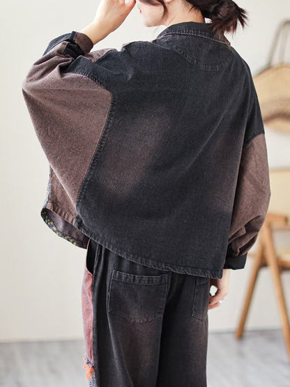 Contrast Color Fringed Split-joint Long Sleeves Printed Outwear + Harem Pants Two Pieces Set
