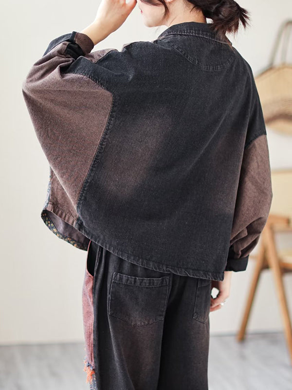 Contrast Color Fringed Split-joint Long Sleeves Printed Outwear + Harem Pants Two Pieces Set