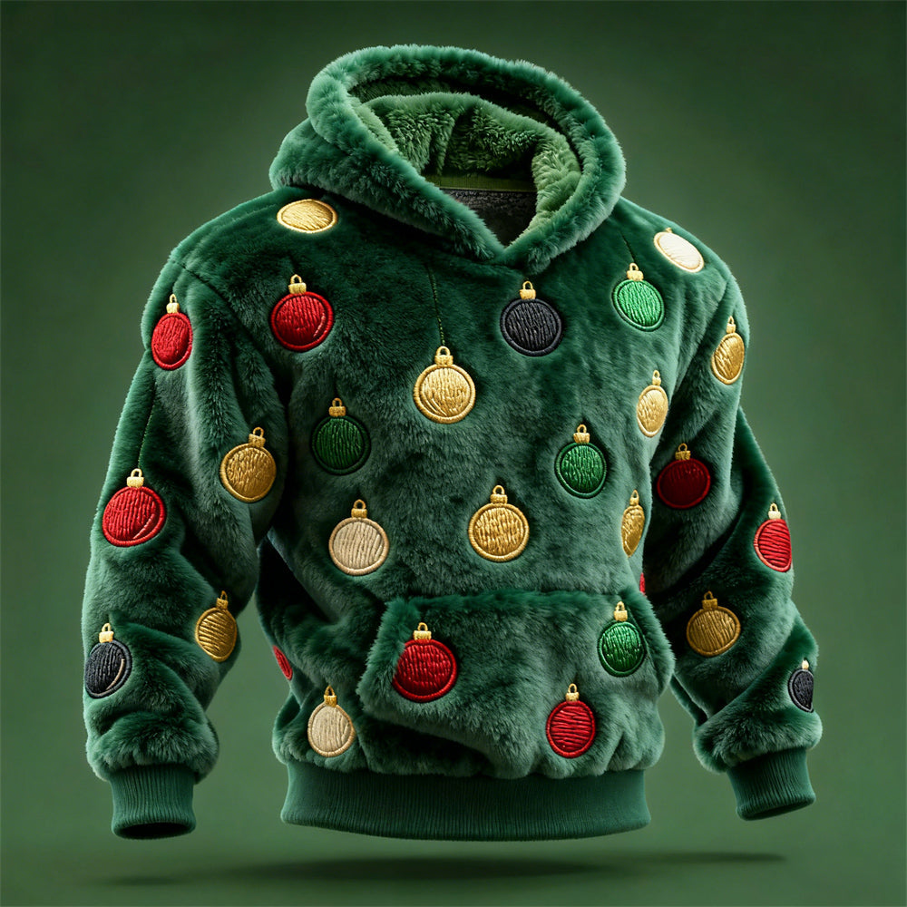 Comstylish Christmas Baubles Embroidered Design Men's Hooded Flannel Sweatshirt