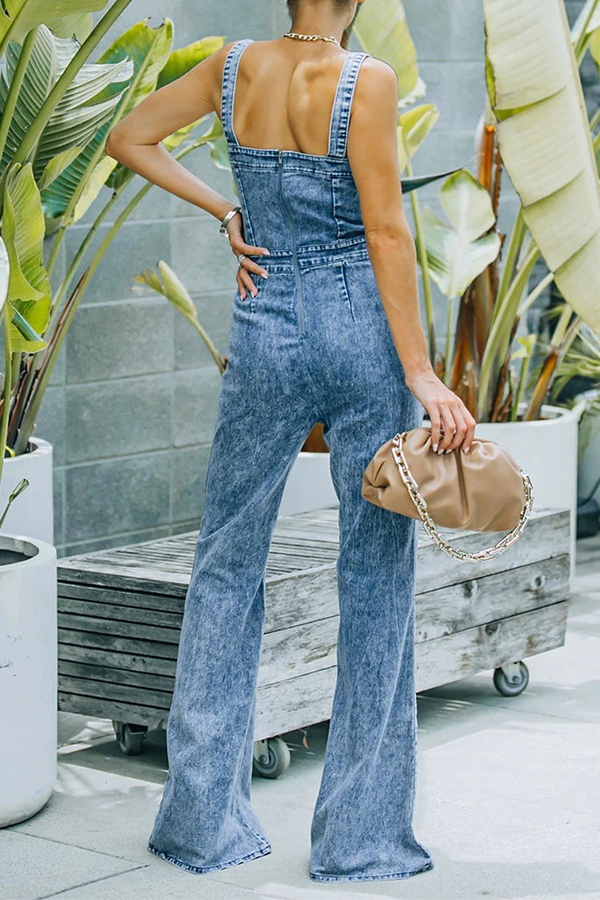 Street Split Joint Buckle Square Collar Boot Cut Jumpsuits