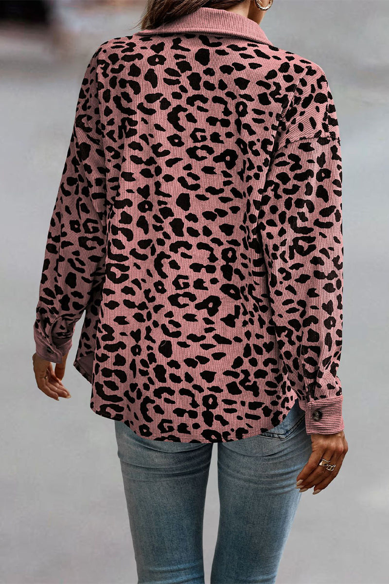 Sweet Leopard Pocket Turndown Collar Tops