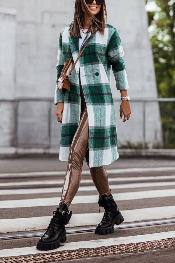 Mid Length Double Breasted Plaid Print Woolen Coat