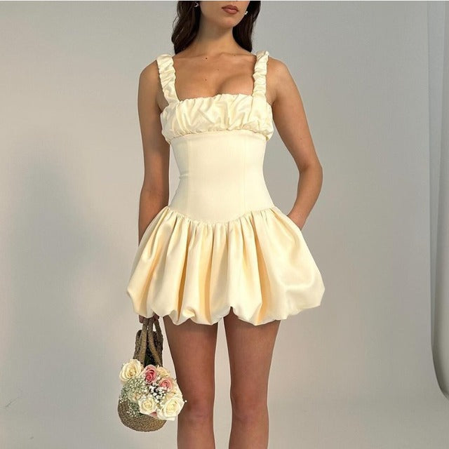 Taruxy Satin Suspender Mini Dress for Ball Gown Splice Sleeveless Ruched Summer New Princess Party Dress Female