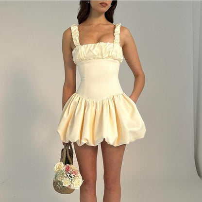 Taruxy Satin Suspender Mini Dress for Ball Gown Splice Sleeveless Ruched Summer New Princess Party Dress Female