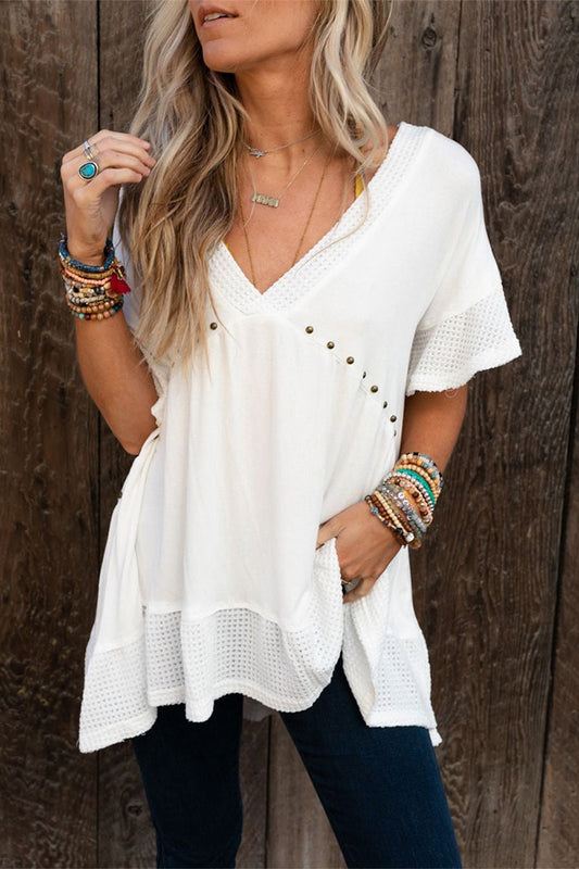 Color Beading V Neck T-shirts
