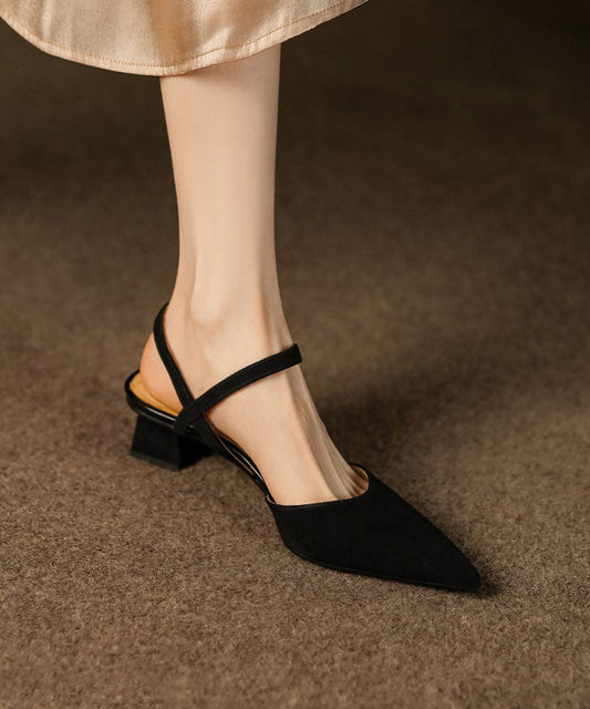 Fitted Splicing Chunky Sandals Black Suede Pointed Toe Qk060