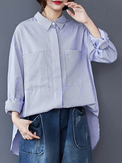 Loose Striped Split-joint With Pocket Lapel Collar Long Sleeves Blouse