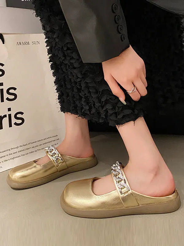Chains Round-toe Shallow Cut Split-joint Mary Janes Slippers
