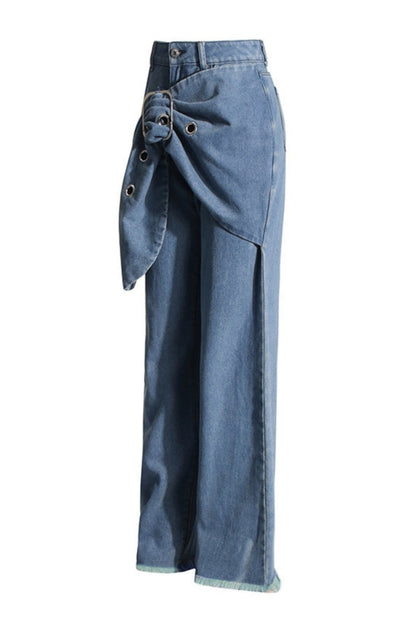 Color Patchwork Mid Waist Straight Denim Jeans