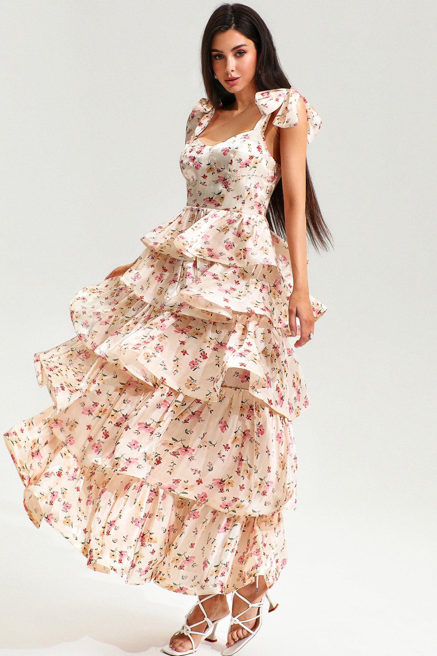 Lace Up Tiered Ruffle Hem Cami Maxi Dress