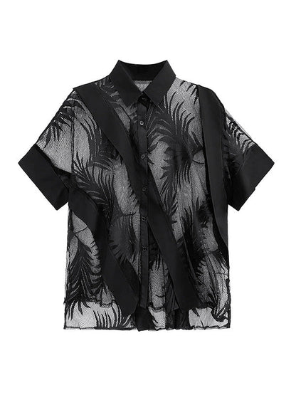 Stylish Loose Half Sleeves Buttoned Mesh Hollow See-through Blouses&shirts Tops