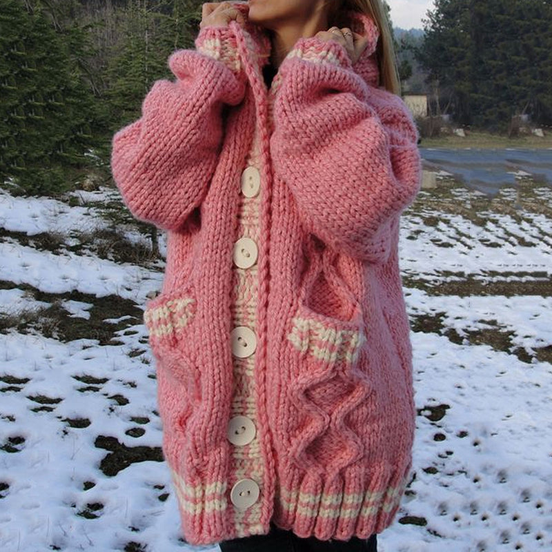 Women's Thick Woven Pattern Pocket Button Sweater Cardigan elevenforest
