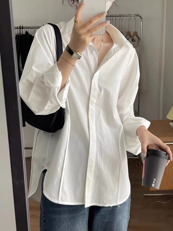 Long Sleeves Loose Color Split-side Lapel Blouses