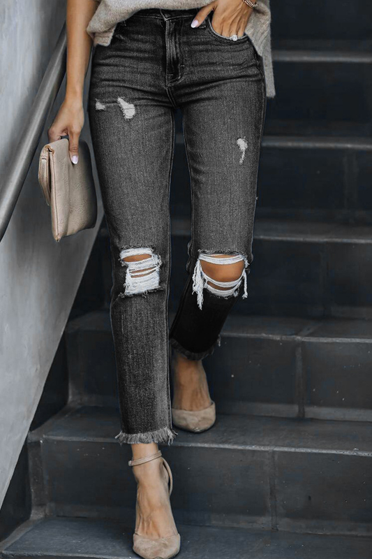 Ripped Mid Waist Skinny Denim Jeans