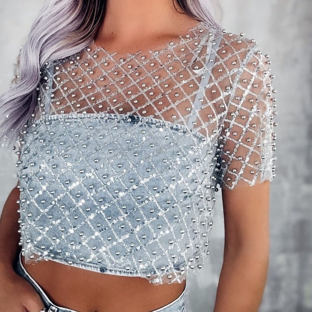 Taruxy Mesh Splice Sequins Cover-up See Through Short Sleeve Crop Tops Party Beach Shirts Cover Up Femme