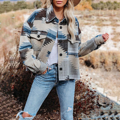 Autumn Winter Retro Geometric Abstract Printed Long Sleeved Cardigan Woolen Coat