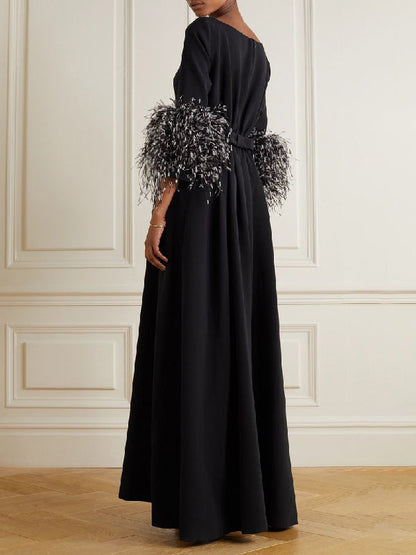 Simple Black and White Feather Long Sleeve Party Dress