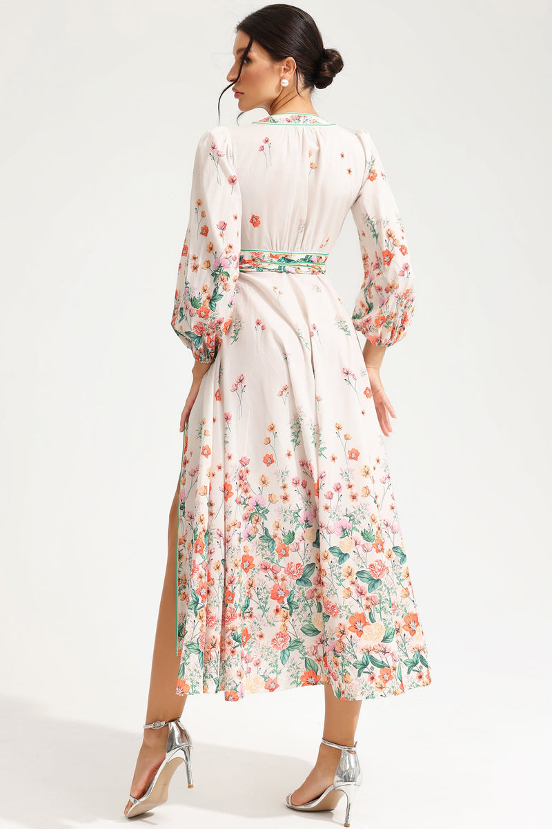 Long Sleeve V-neck Lace Up Midi Dress White