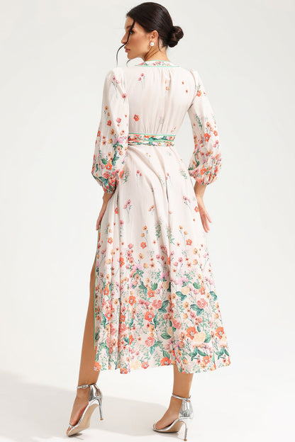 Long Sleeve V-neck Lace Up Midi Dress White