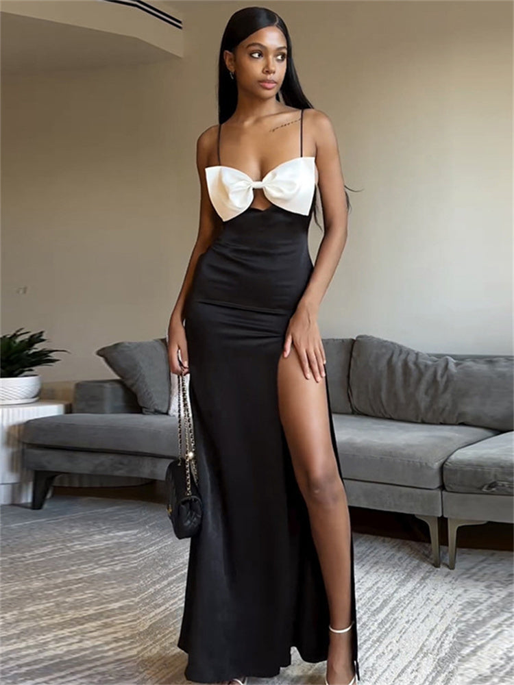 Tossy Tee Bow High Split Contrast Maxi Dress Female Slim Patchwork Holiday Beach Backless Party Dress Gown Dress