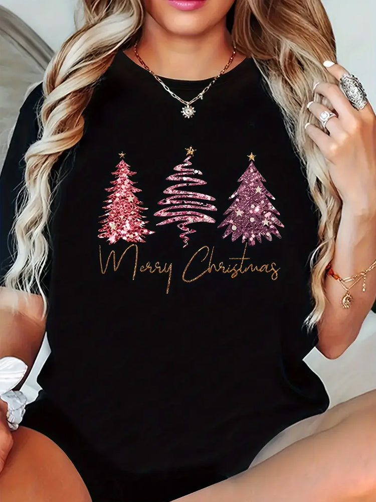 Comstylish Pink Glitter Christmas Tree Women's T-Shirt