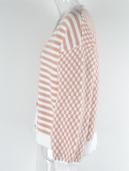 Autumn Winter Knitted Plaid Stitching Striped Cardigan Coat Sweater