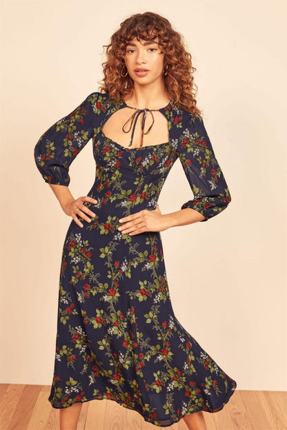 Long Sleeve Square Collar Lace Up Midi Dress