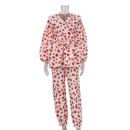 Strawberry Printed Peter Pan Collar Lace Up Loose Top Ankle Banded Pants Spring Wear Suit