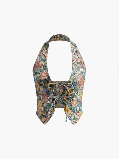 Printed Halter Tie Front Vest