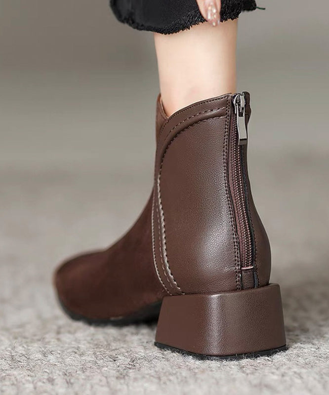 Brown Splicing Chunky Suede Boots