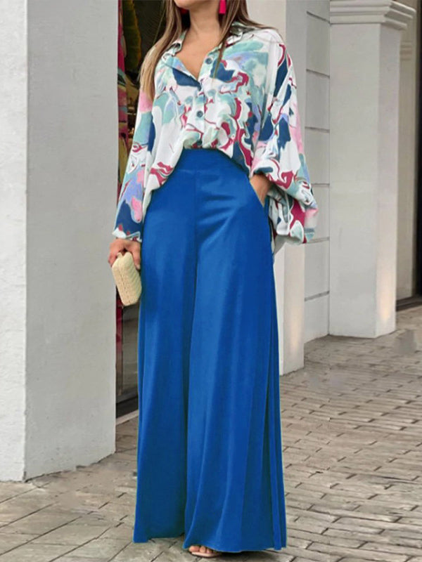 Long Sleeves Printed Blouses + High-waisted Color Wide Leg Pants Trousers Two Pieces Set