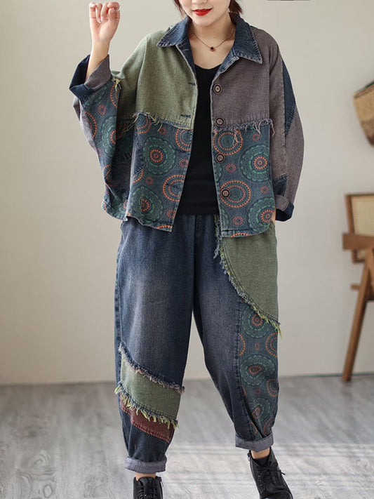 Contrast Color Fringed Split-joint Long Sleeves Printed Outwear + Harem Pants Two Pieces Set