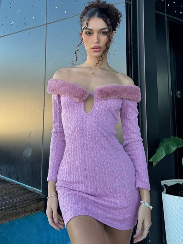 Taruxy Splice Fur Collar Mini Dress for Off Shoulder Slim Temperament Bodycon Dresses Femme Party Dress Woman