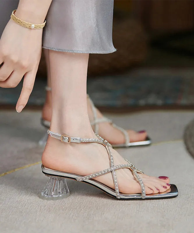 Silver Zircon Chunky Heel Splicing Sandals Peep Toe Aa035